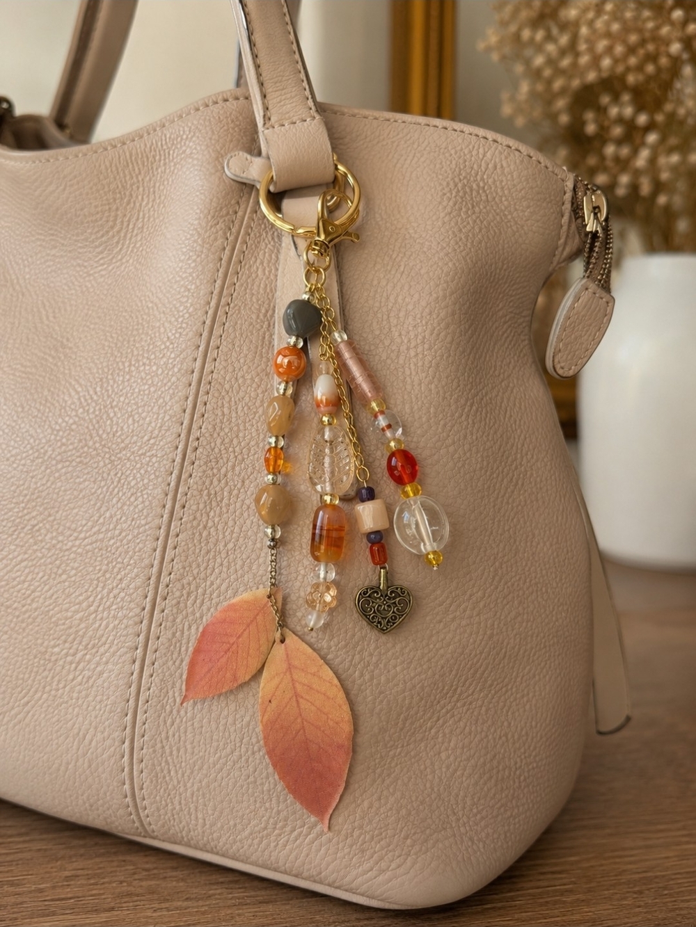 Beaded Leaf Charm Keychain - Peach & Amber Accents